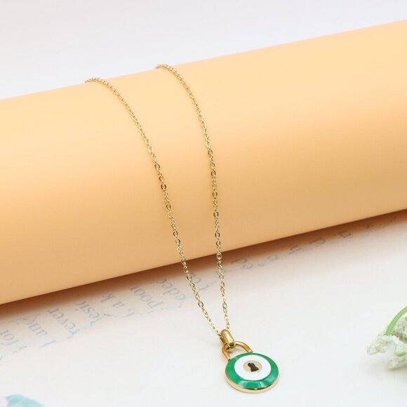 Gold Plated Green Evil Eye Pendant Necklace, XPNL0306 - Picture 11 of 13